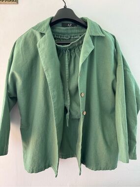 Women Cotton Set Suit Blazer 3/4 Sleeve & Elastic Waist Shorts With Pockets